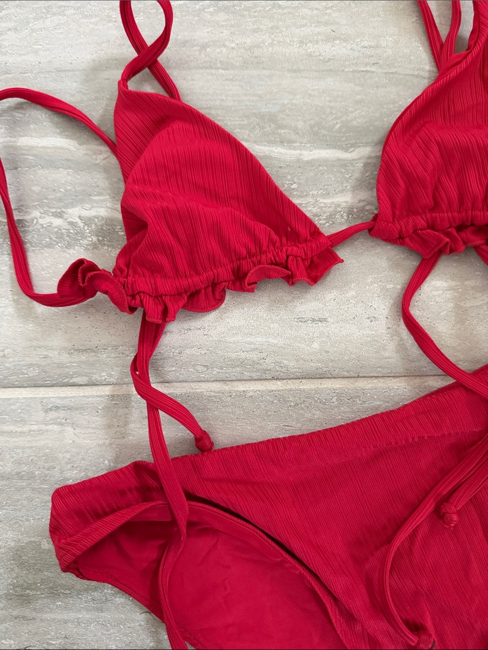 Aro Swim Red Ribbed Ruffle Triangle Bikini - Picture 2 of 4